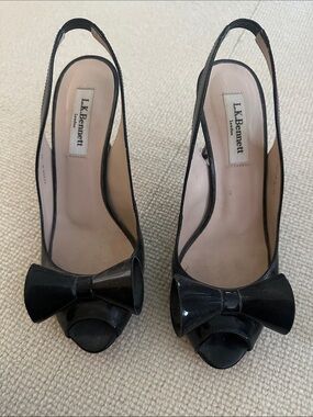 LK Bennett Black Patent Bow Slingback Peep-Toe Pumps